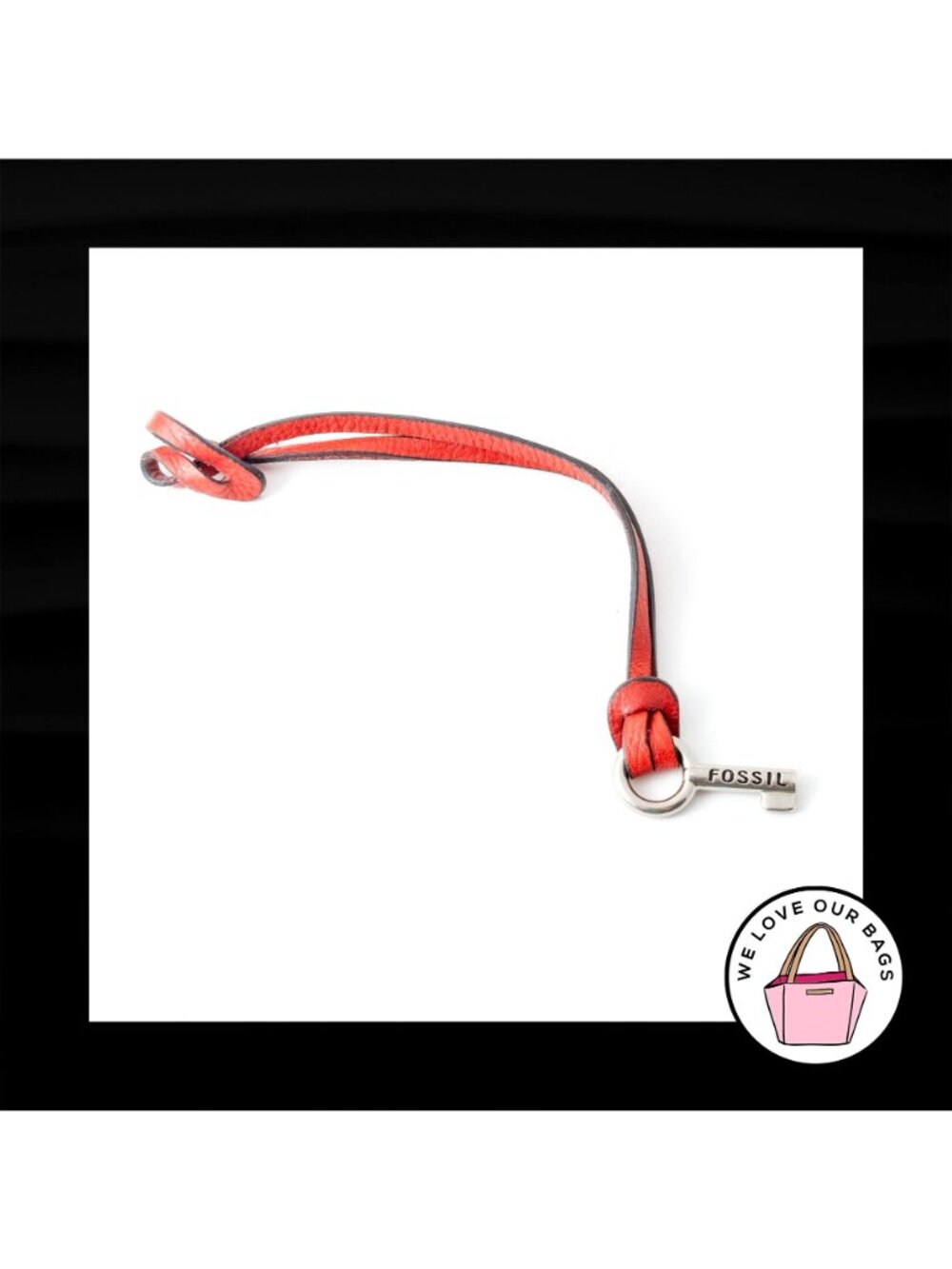FOSSIL Red LEATHER STRAP Loop Silver Nickel Fob Bag Charm Keychain Hang Tag - Picture 2 of 2